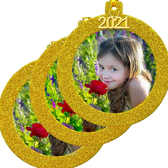 2024 Picture Frame Ornament, Magnetic Glitter with Photo Protector, Round, Gold 3-Pack