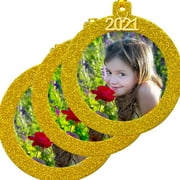 2021 Picture Frame Ornament, Magnetic Glitter with Photo Protector, Round, Gold 3-Pack