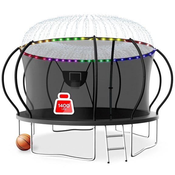 LHX Trampoline 14FT for Kids 12FT 16FT Outdoor Trampolines with Basketball Hoop, Safety Enclosure Net, Lights, Sprinklers, Socks, Recreational Heavy Duty Trampoline, 1400 LBS Loading, Easy to Install