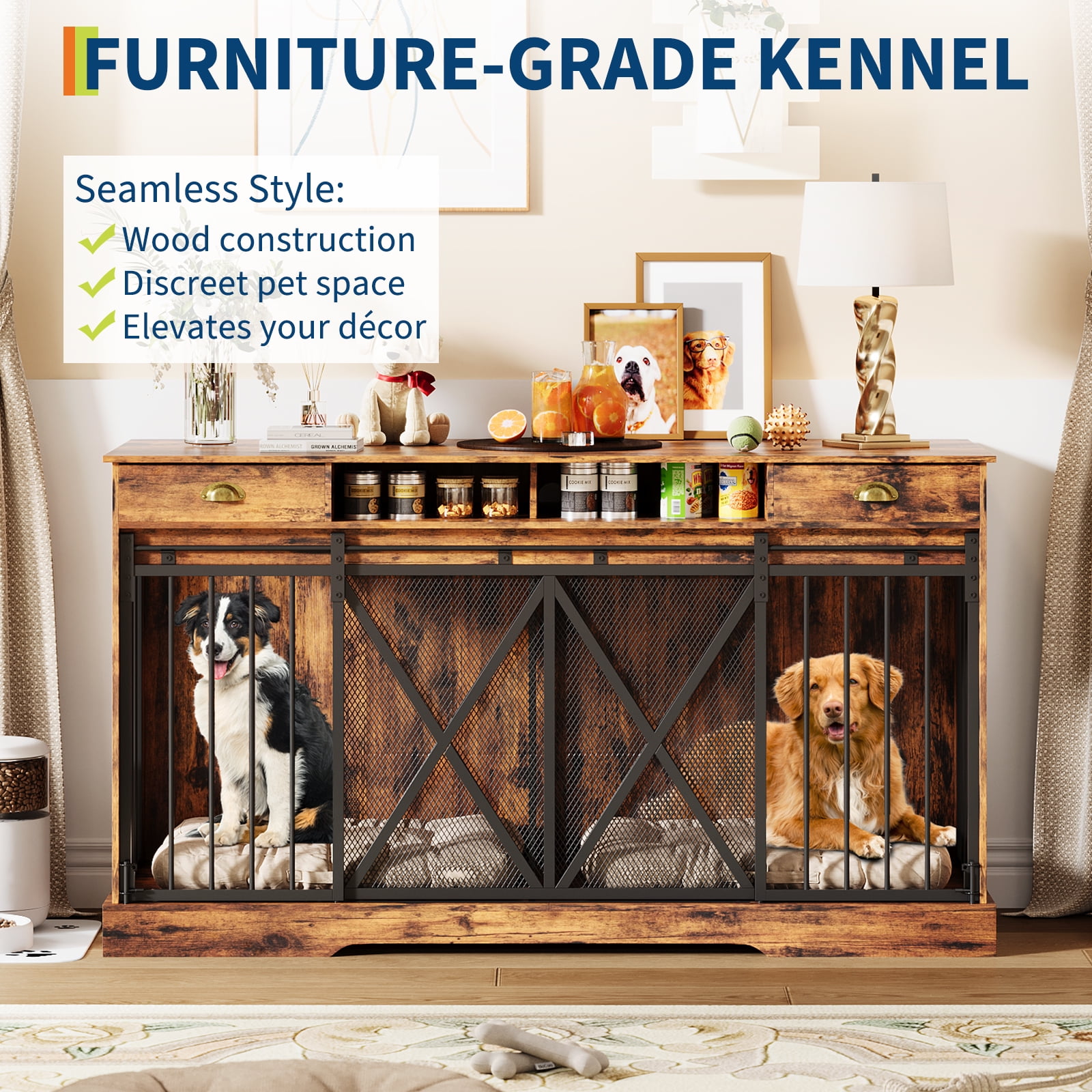 Large Dog Crate Furniture, Heavy Duty Dogs Cage with Double Doors, Divider, 2 Drawers, Sliding Doors, Indoor Puppy Kennel Side Table TV Stand for Small and Medium Sized Dog(Brown+Black)