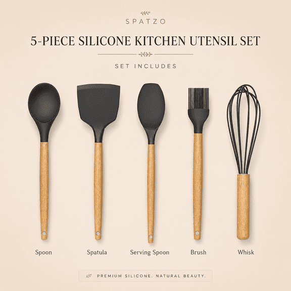 Silicon Kitchen Cooking Spoon and Spatula Dark Gray (Pack of 5 Piece)