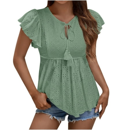 YYDGH Babydoll Tops for Women Tie V Neck Ruffle Short Sleeve Lace Eyelet T Shirts Summer Casual Loose Fit Flowy Peplum Blouses Green XL