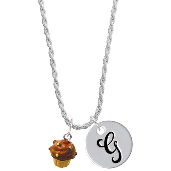 Delight Jewelry Resin Mini Vanilla Cupcake with Chocolate Frosting Silvertone Script Initial Disc - G - Charm Necklace, 20"+3"