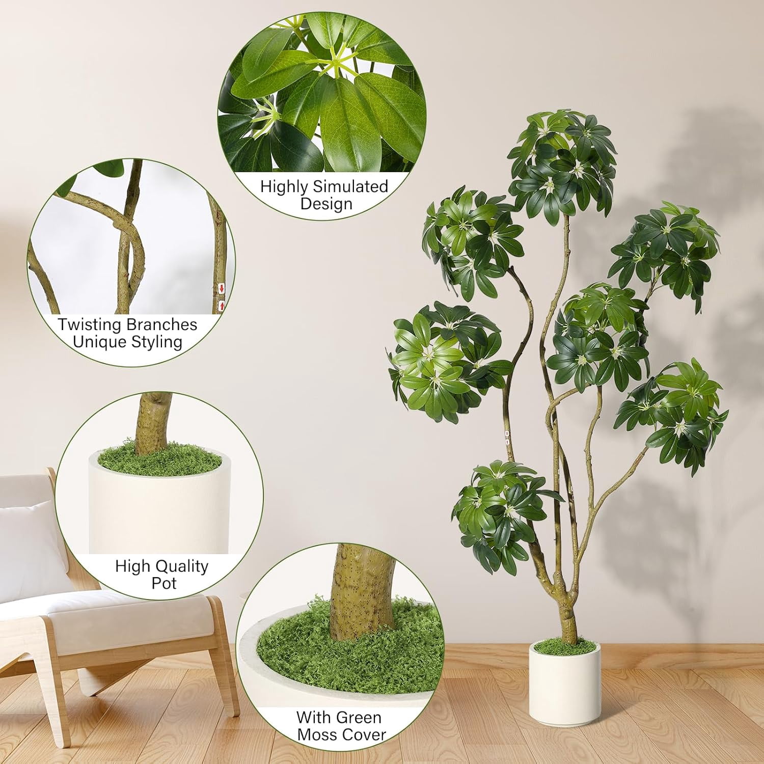 Litake 5 ft Tall Fake Plant Indoor,Faux Floor Tree Fake Trees in Decorative White Planter with Multiple Trunks Design, Artificial Umbrella Schefflera Tree for Home Offices Porch Decor