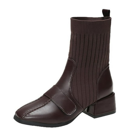 

asdoklhq Boots Under $15 Socks Boots Women s Large Size Flying Knit Thick and Thin Boots Square Toe Boots