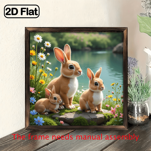 A wooden framed picture suitable for decorating the home, featuring a lively rabbit by the stream, with dimensions of 8*8 inches.The frame needs manual assembly.