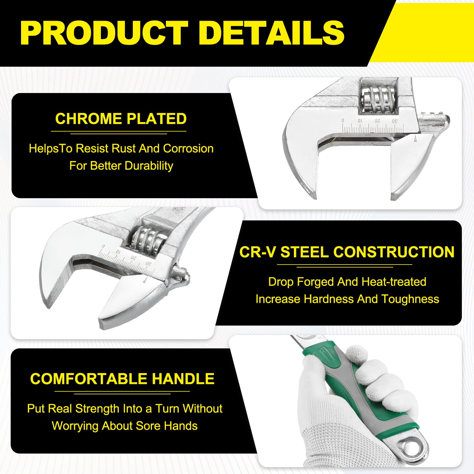 Uxcell Adjustable Wrench 10" High Carbon Steel Industrial Wide Jaw Wrench Adjustable Repairs Spanner Tool with Graduated Scale for Home Garage Workshop Plumbing, Green-Gray
