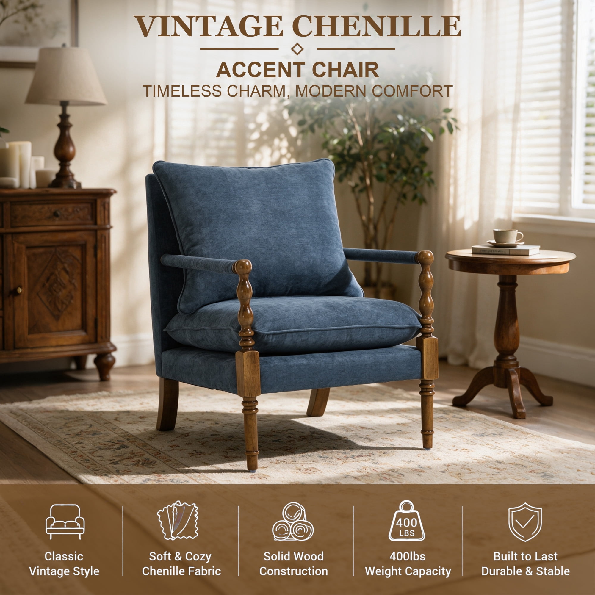 Mid-Century Modern Spindle Armchair,Linen Accent Chair with Cushion & Wood Frame for Living Room Bedroom Office,Navy