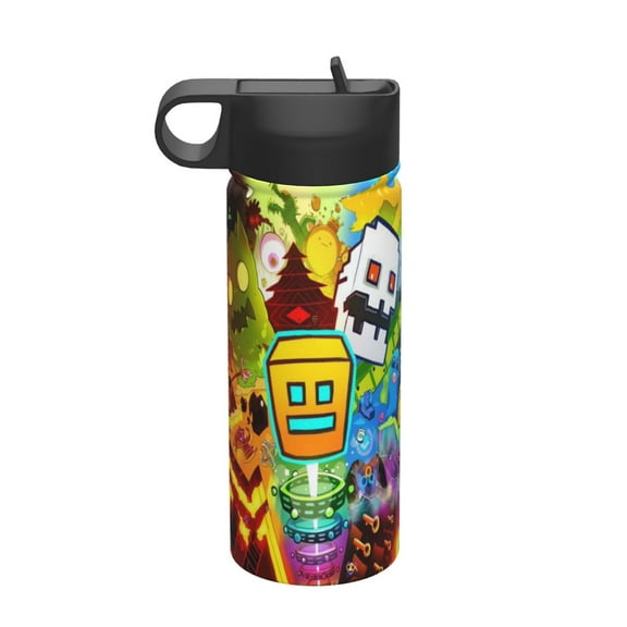 Geometry Dash Kids Insulated Water Bottle With Straw - 18 Oz Stainless Steel Double Wall Vacuum Cup, Leakproof, Bpa Free, Suitable For Boys And Girls