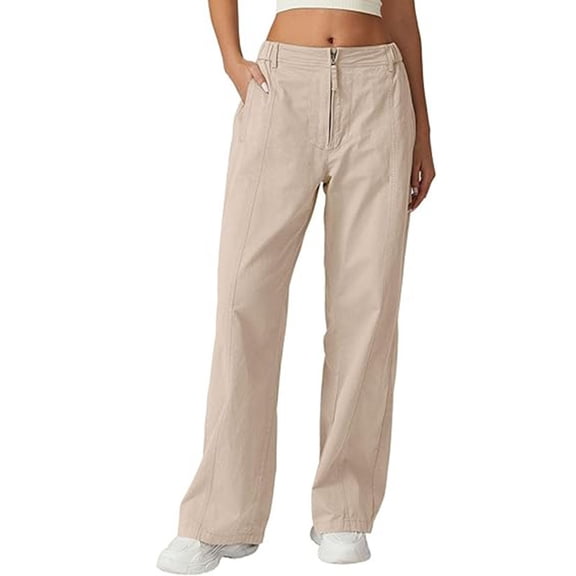 Women's Casual Cargo Pants Zip Front Parachute Wide Leg Baggy Comfortable Straight Fit Pocket Trousers Lightweight Stylish