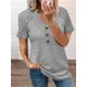 thumbnail image 4 of Camiseta de manga corta con cuello en V de encaje calado para mujer, Tops elegantes con decoración de tres botones, camisetas informales para viajeros de oficina, 2024, 4 of 4