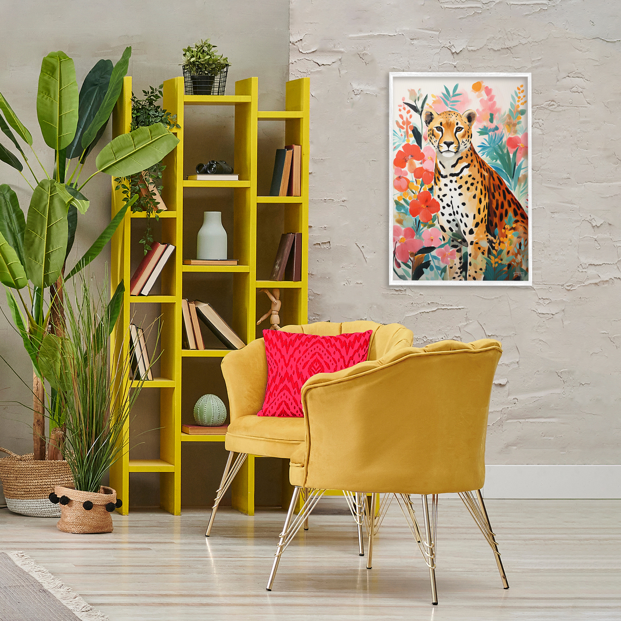 Stupell Industries Floral Adorned Leopard Animals & Insects Painting White Framed Art Print Wall Art, 20 x 30