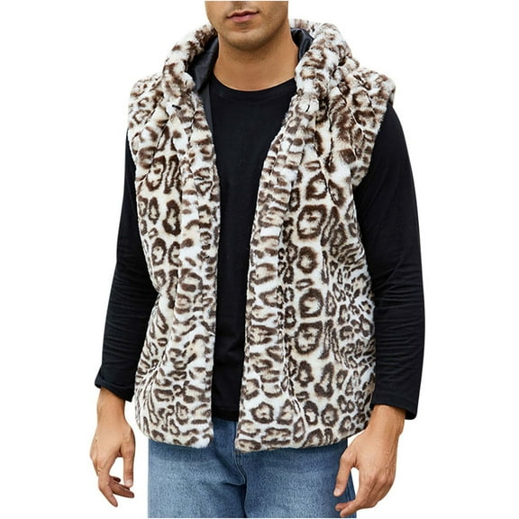 ZQUUVOU Men's Sleeveless Faux Fur Jacket with Hood Lapel Collar Vest Winter Outdoor Long Coat Jacket Outerwear Khaki