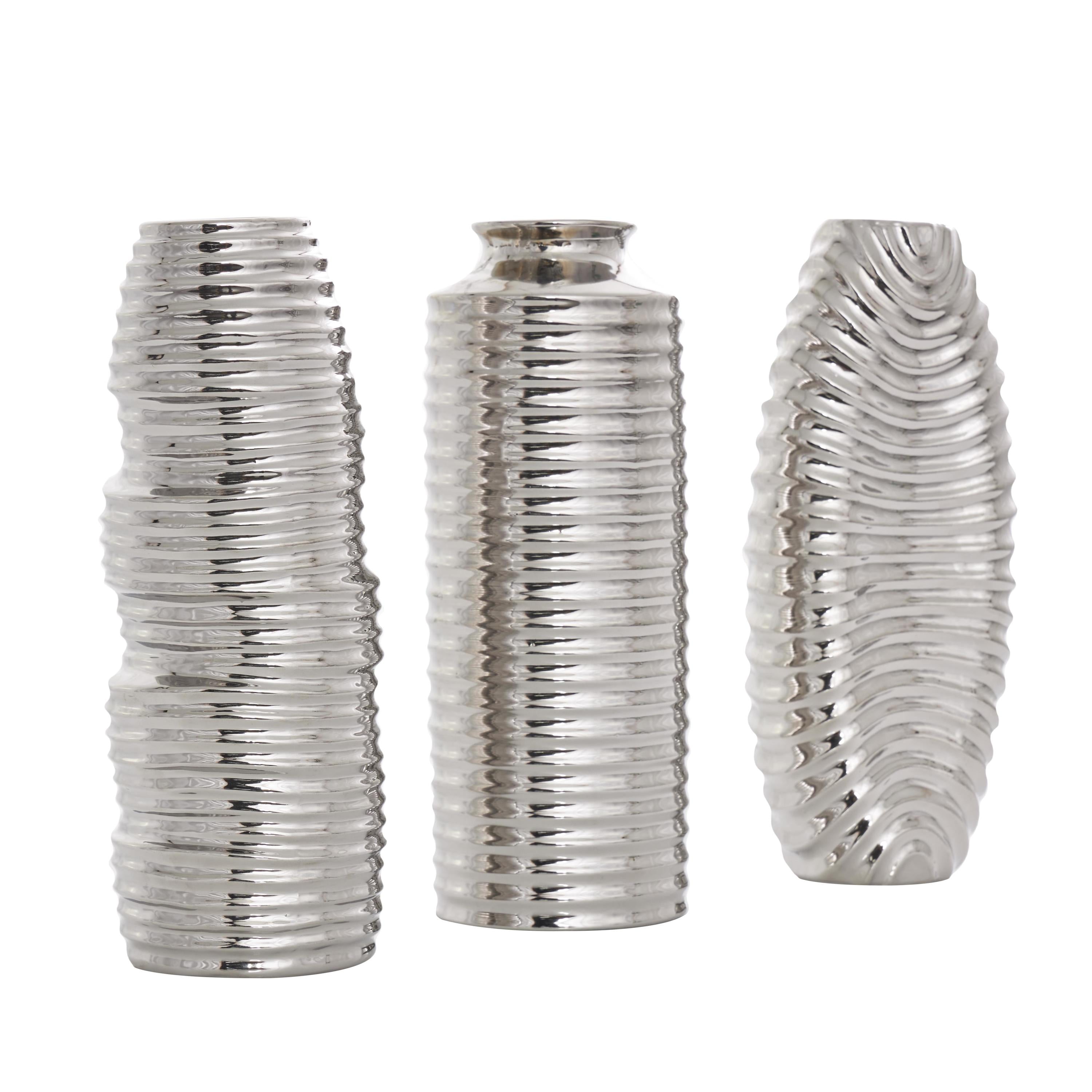 DecMode 4"W, 11"H Dimensional Ribbed Silver Ceramic Vase with Varying Shapes, Set of 3
