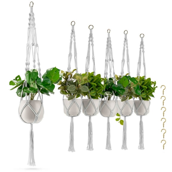 Sorbus Macrame Plant Hanger (6 Pack) Indoor Outdoor Hanging Plant Pots Cotton Rope, Elegant for Home, Patio, Garden (White)