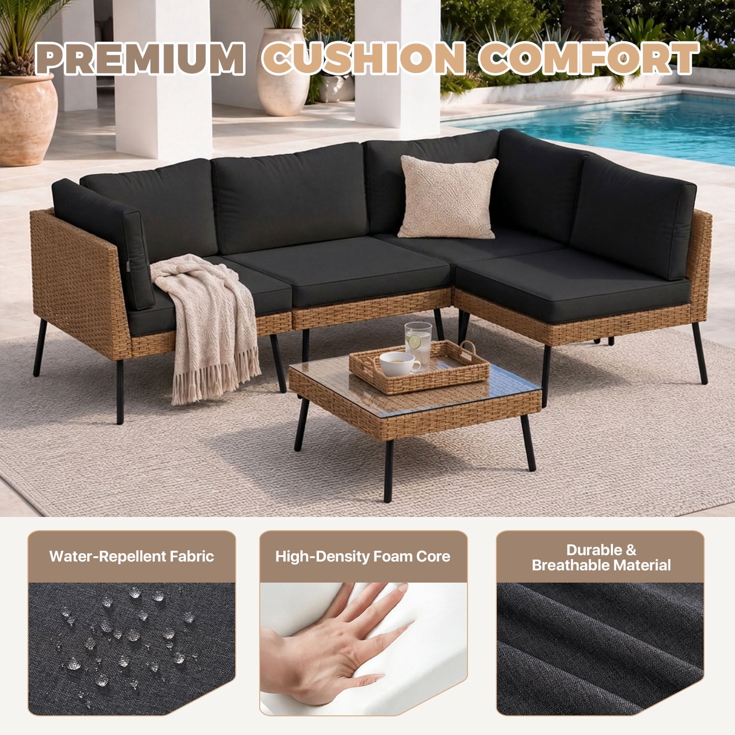 BaPiPro 5-Piece Modular Outdoor PE Rattan Sectional Sofa Set, All Weather Patio Furniture with Removable 4" High Density Cushions & Tempered Glass Coffee Table for Backyard Garden Courtyard, Black