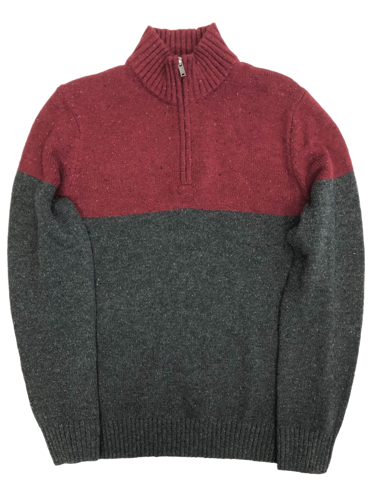 Mens Color Block Burgundy & Gray Speckle Quarter Zip Sweater Top