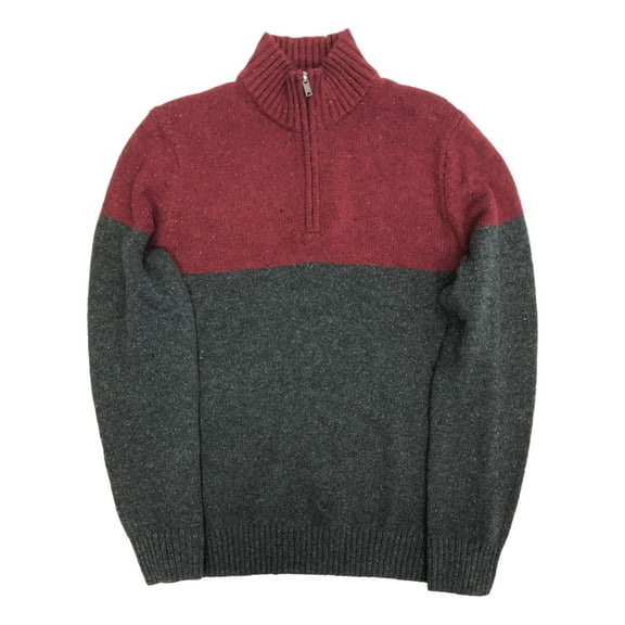 Mens Color Block Burgundy & Gray Speckle Quarter Zip Sweater Top Small