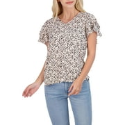 Adrianna Papell Womens Floral Flutter Sleeve Blouse Pink S