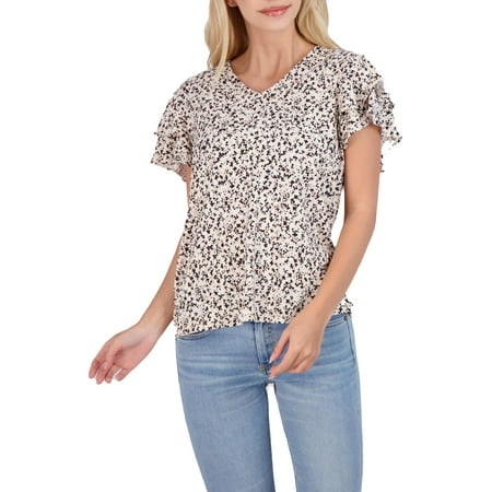 Adrianna Papell Womens Floral Flutter Sleeve Blouse Pink S