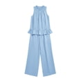 thumbnail image 4 of Muscularfit 2 Piece Summer Sets for Women Womens Linen Set Palazzo Vacation Sets Sleeveless Wide-Leg Crew Neck Blue Full Length Outfit Sets for Women,XL, 4 of 5