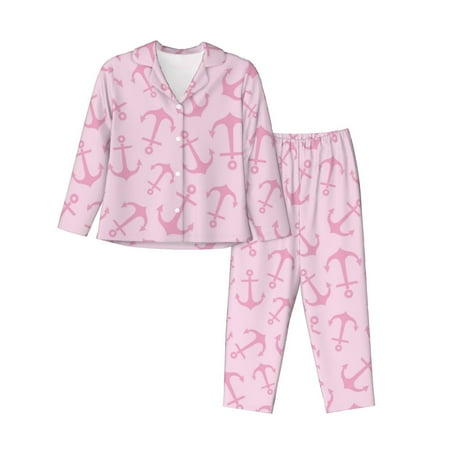 Pajamas for Women Set - Cute pink anchor Comfy Long Sleeve Button Up Pajama Sets for Women 2 Piece  Soft Sleepwear Nightwear Pjs Lounge Sets for Women with Pockets