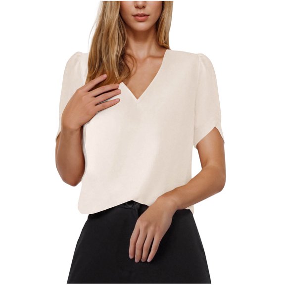 Olyvenn Women's Summer Dressy Casual Puff Short Sleeve Shirts Crewneck Silk Satin Business Office Work Blouse Tops Beige M
