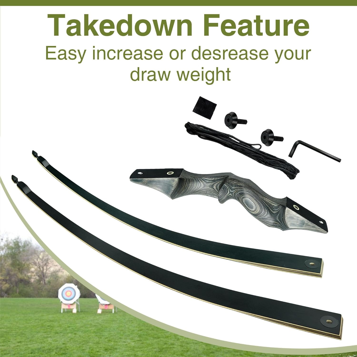 Black Hunter Takedown Longbow  60" Wooden Archery Bow Hunting Bow  RH/LH for Beginner Training Practice 20-60lb（RH-40lbs）