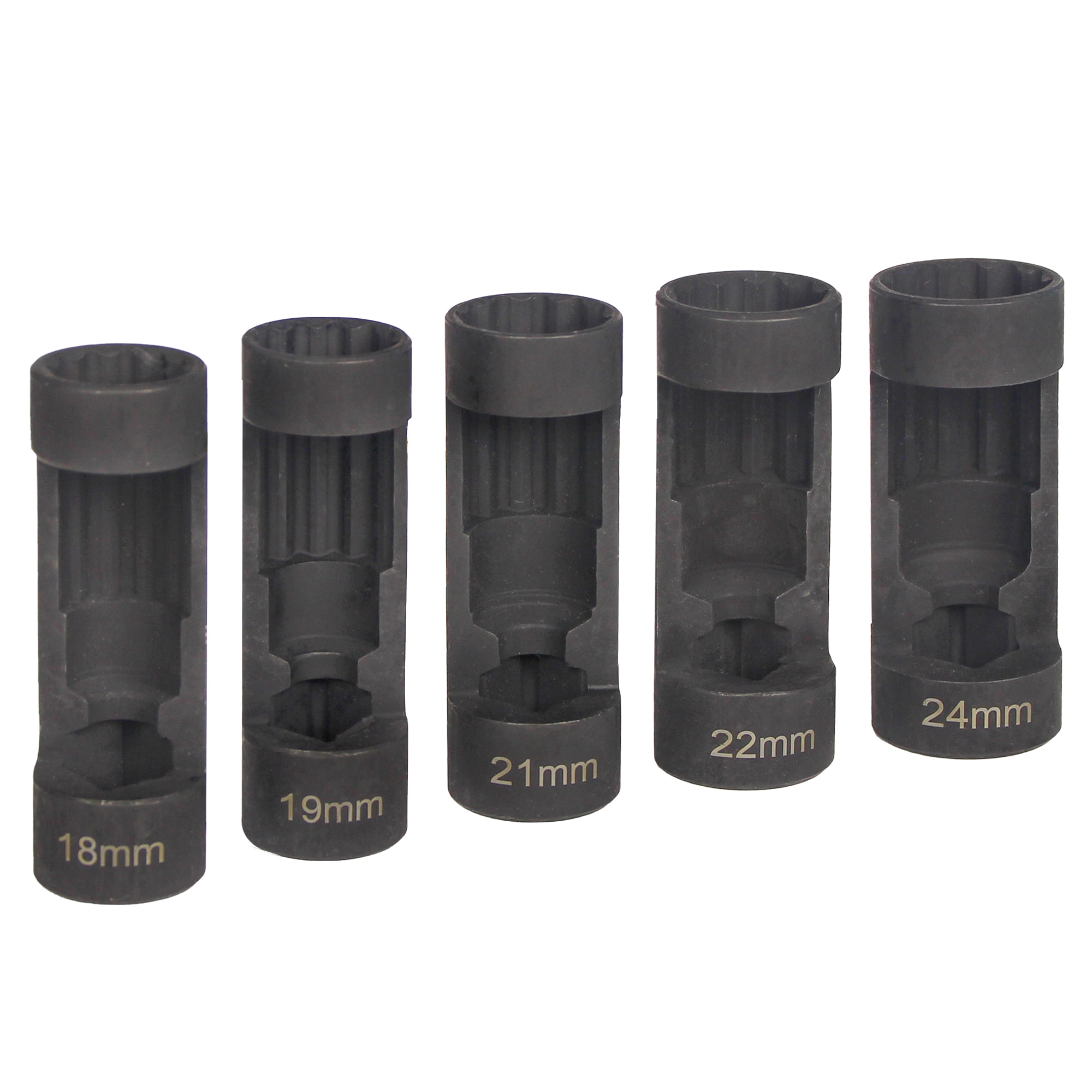 5-piece set: 18mm, 19mm, 21mm, 22mm, 24mm bracket nut sockets, 12-point, 1/2-inch drive. Suspension bracket nut socket tools, suitable for hexagon wrenches (5-piece set)