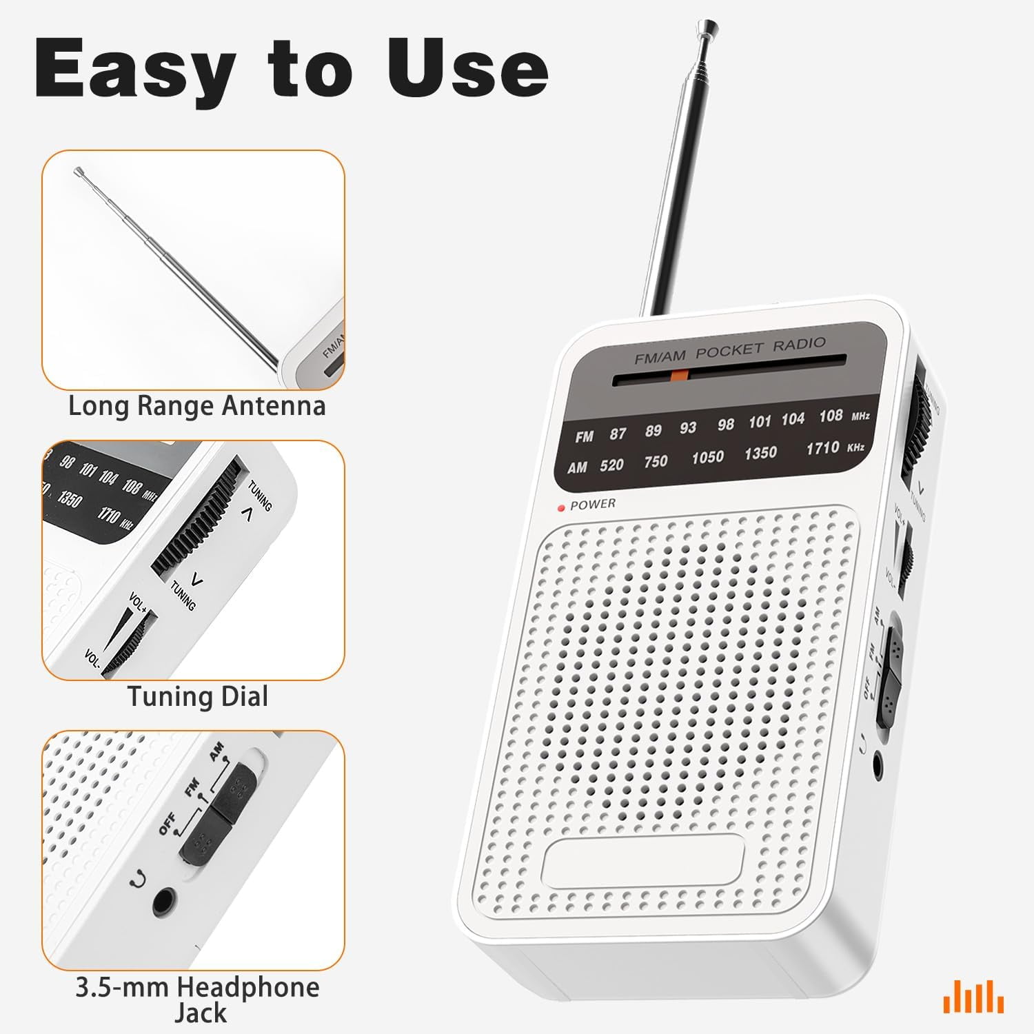 Portable Radio AM FM, Loud Speaker Transistor Radio with 3.5mm Headphone Jack, Personal Radio for Long Trips, Pocket Radio for Indoor,Outdoor, Emergency Use Perfect Gift for Seniors,kids -White