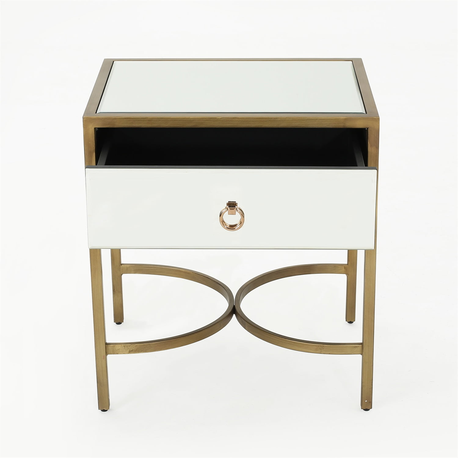 Kadyn Modern Mirrored Side Table, Iron End Table with Drawer, Bedside Table for Bedroom, Gold