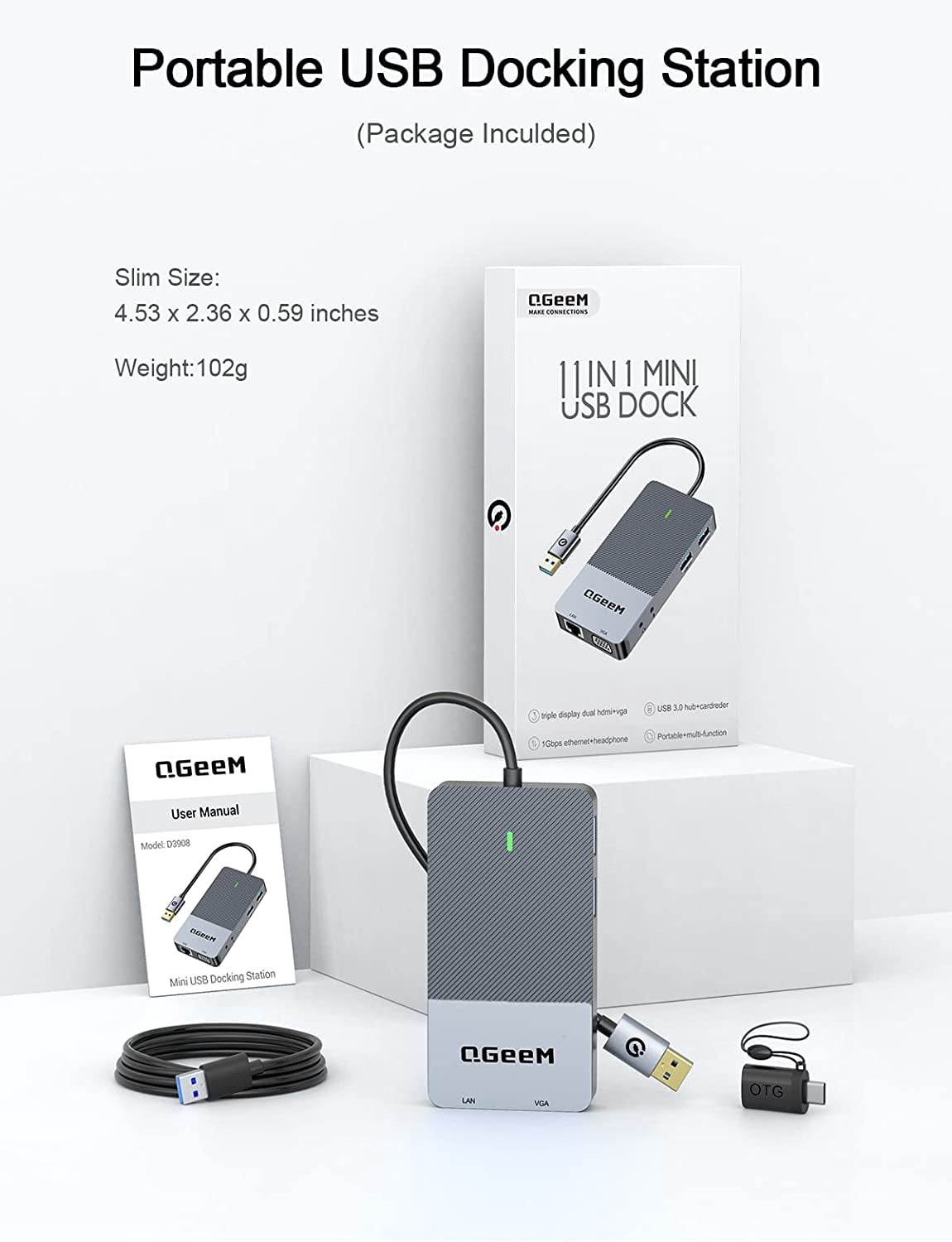 QGeeM USB 3.0 Docking Station, Triple Display USB C Hub Dual HDMI VGA Adapter, Portable USB A Dock Compatible with All USB-C and USB 3.0 Laptop