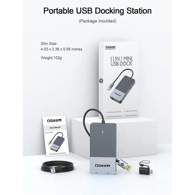 QGeeM USB 3.0 Docking Station, Triple Display USB C Hub Dual HDMI VGA  Adapter, Portable USB A Dock Compatible with All USB-C and USB 3.0 Laptop