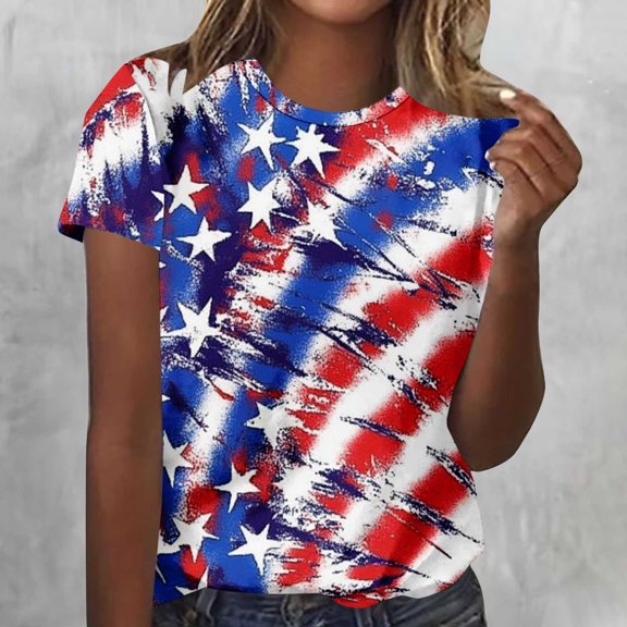 Cavosen American Flag Shirt Women Independence Day Short Sleeve Round Neck T Shirts USA Star Striped Graphic Shirts Lady XL 4th of July Casual Shirts Red White and Blue Tunic Tees
