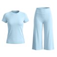 thumbnail image 6 of KPOPLK Womens 2 Piece Workout for Summer Fall Athletic Gym Pilates Yoga Slim Fit Short Sleeve Tee Shirt and Pant Outfit Set Sky Blue,Size S, 6 of 7