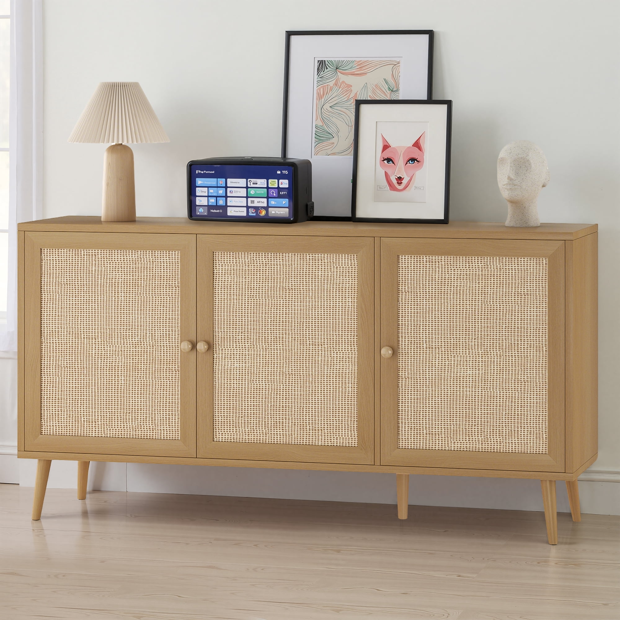 MAYEERTY Natural 59*15*31"Modern Sideboard Buffet Cabinet with 3 Rattan Doors for Living Room, Entryway