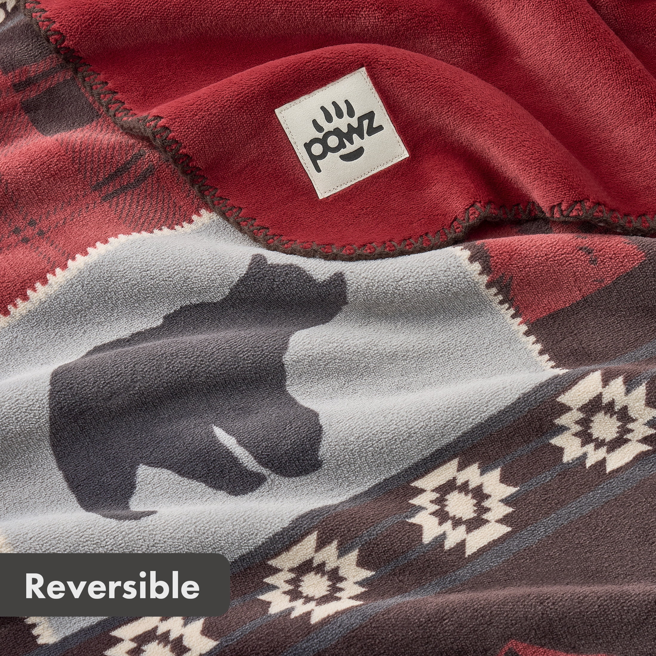 Pawz Plush Oversized Throw Blanket for Couch or Bed, Soft Flannel Fleece, Red Bears, 50"x72"