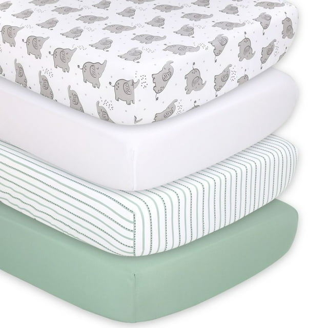 The Peanutshell Sábanas Ajustables de Cuna para Bebé Niño O Bebé Niña, Juego de 4 Piezas, Elefante Gris y Blanco, Microfibra
