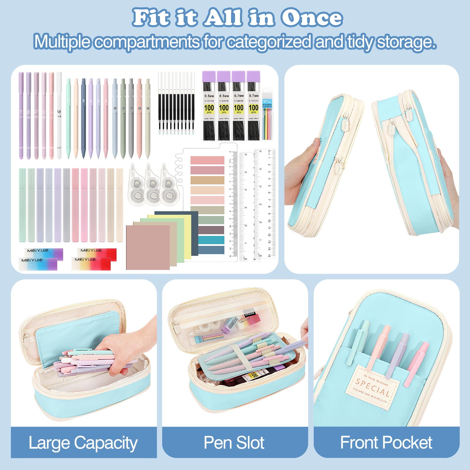 MoKo 60Pcs Aesthetic School Supplies with Pencil Case for Students Stationary College Essentials, Blue