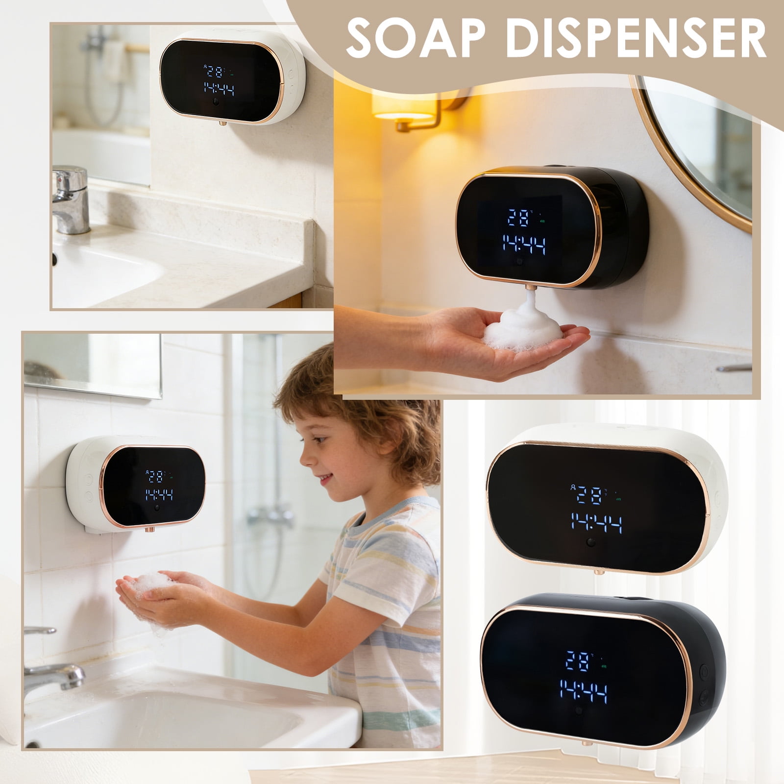 Automatic Foaming Soap Dispenser with Touchless Sensor and Digital Display Wall Mounted Rechargeable Hand Washer for Bathroom and Kitchen Black