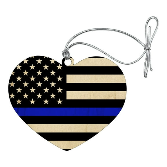 Thin Blue Line American Flag Heart Love Wood Christmas Tree Holiday Ornament