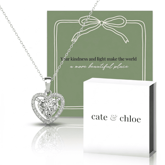 Cate & Chloe Amora 18k White Gold Plated Heart Necklace & Kindness and Light Green Bow Card