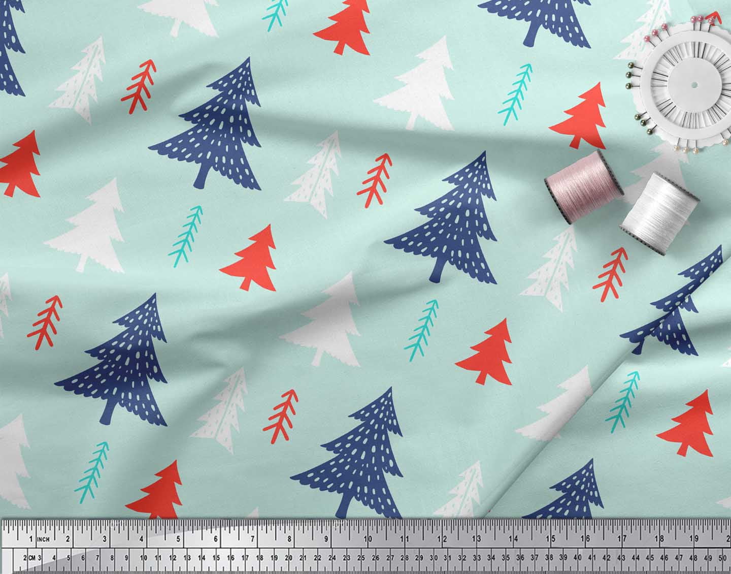 Soimoi Green Heavy Satin Fabric Christmas Tree Printed Craft Fabric by the Yard 54 Inch Wide