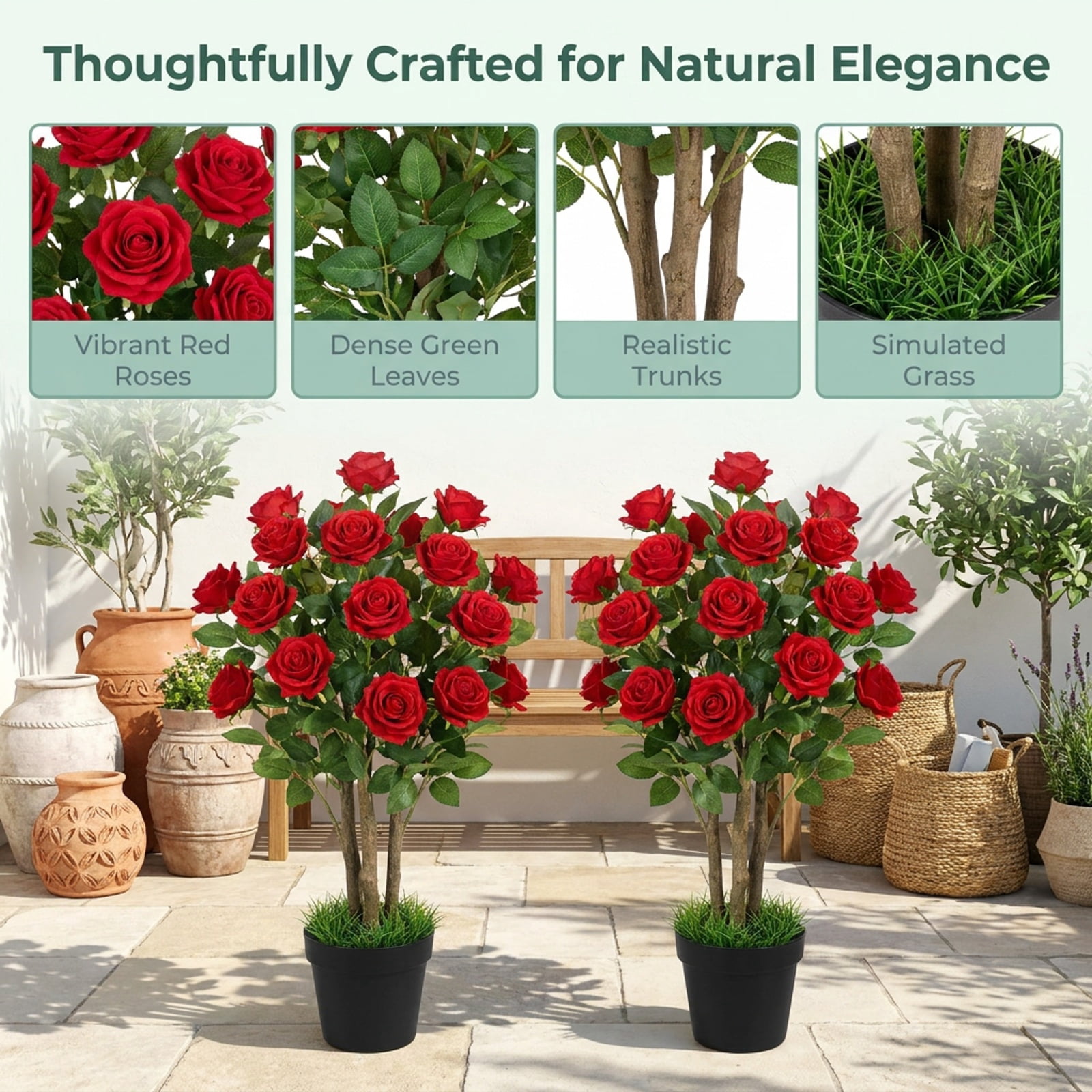 Vebreda Artificial Plant Decor, 2 Pack Artificial Rose Topiary Ball Trees with PP Cement-Filled Flowerpot for Home, Realistic Floral Ball Design