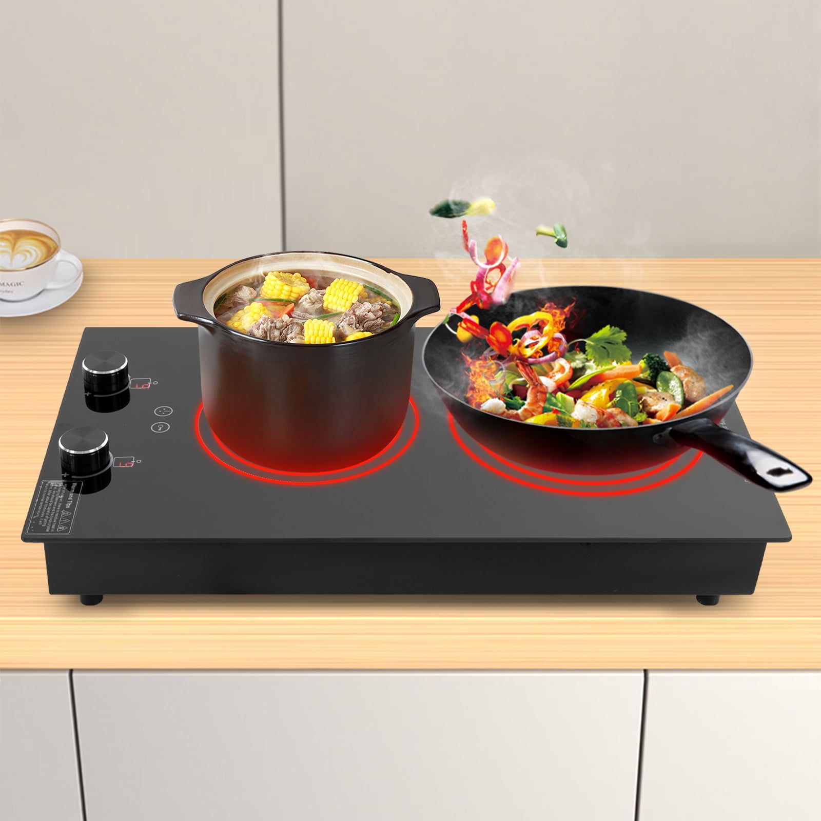 110-220V Double-burner Ceramic Electric Hob, LED Countertop Electric Cooktop, 10 Gears Electric Hob Top with Knob Control
