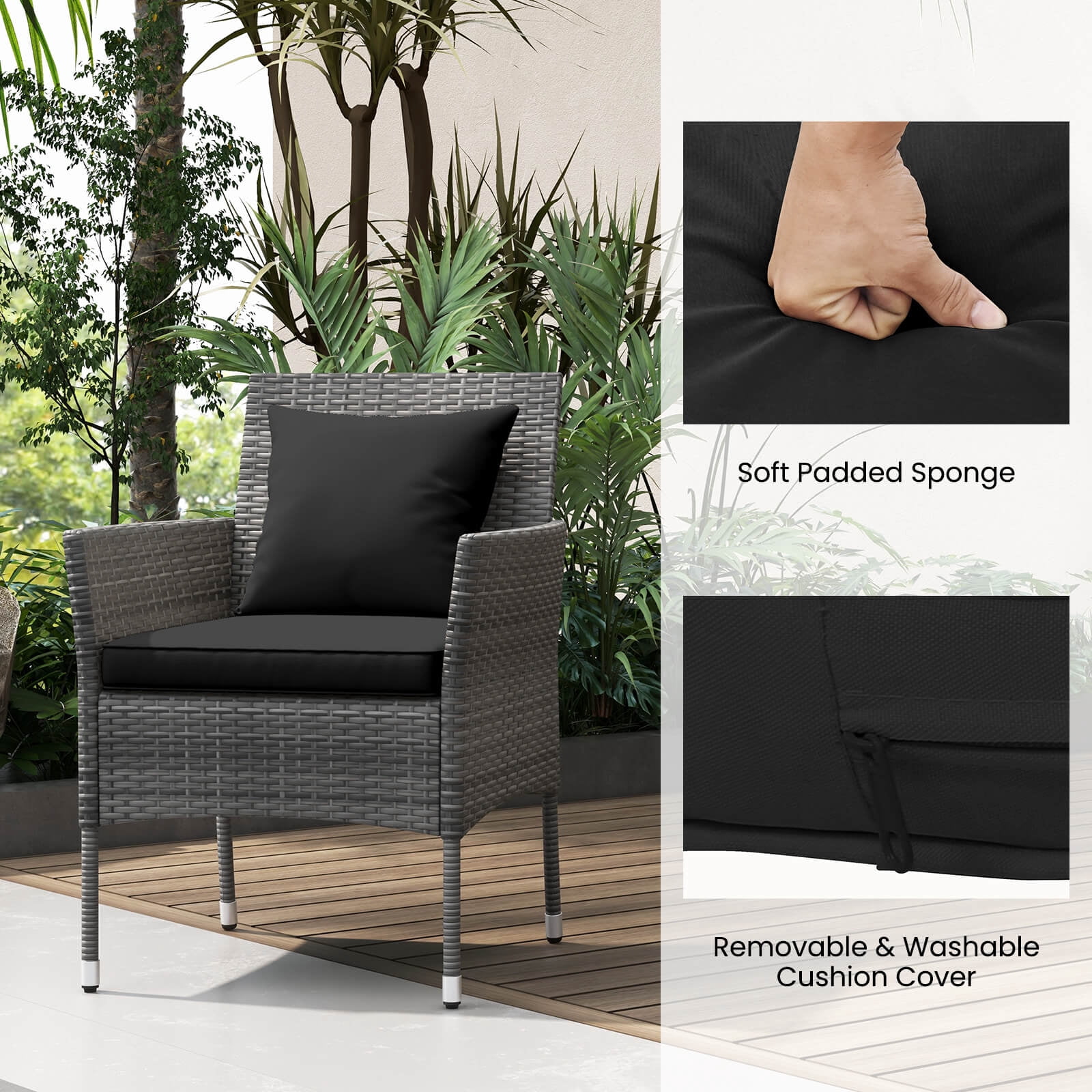 Costway 3 PCS Patio Furniture Set with Cushioned Patio Chairs & Tempered Glass Coffee Table Black