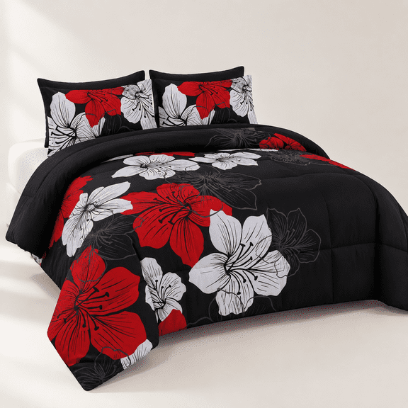 Black/Red Queen Size 7 Piece Bed-in-a-Bag Floral Print Microfiber Bedding Set