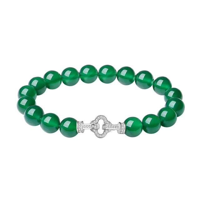 Pulsera de ágata verde natural de 8 mm para mujer con cuentas de plata
