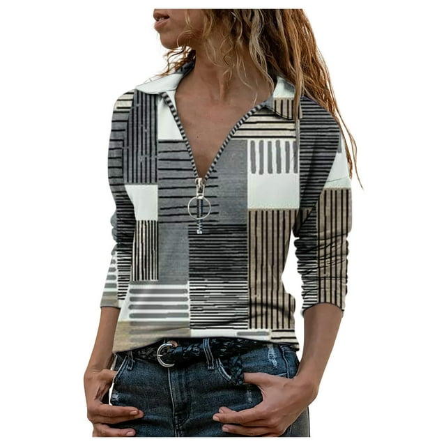 Pompotops Blouse à Manches Longues Imprimée pour Femmes avec Fermeture Éclair et Col Rabattu