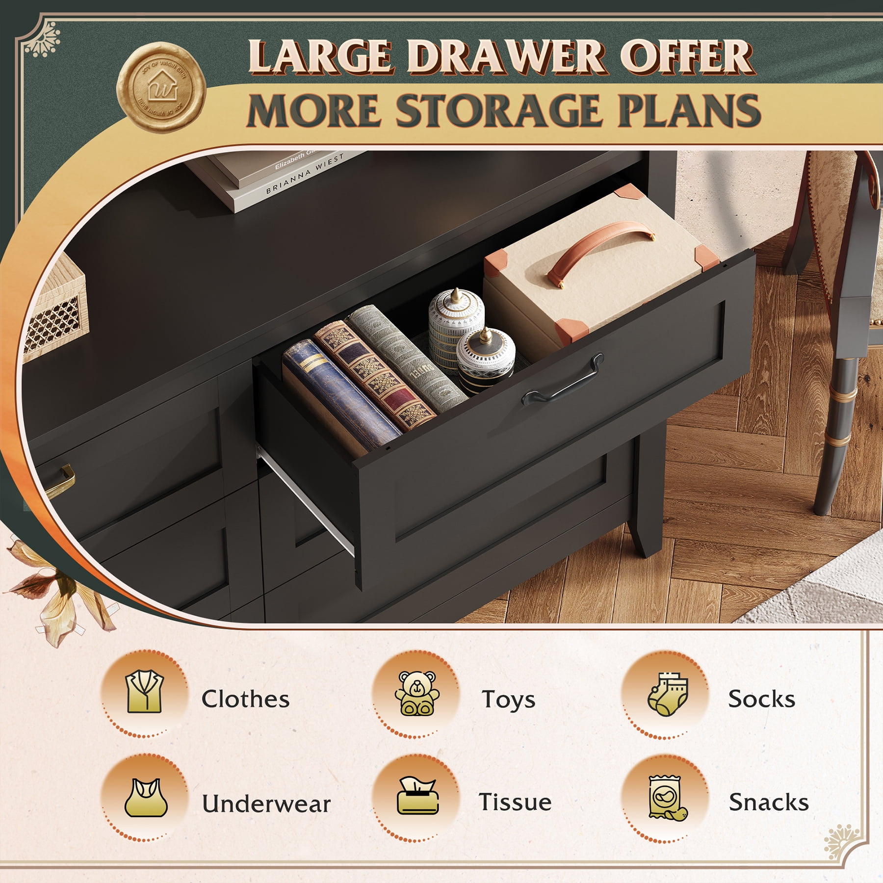 GALAXHERO 6-Drawer Double Wood Dresser - Farmhouse Chest of Drawers with Metal Handles for Bedroom, Living Room, Entryway, Black